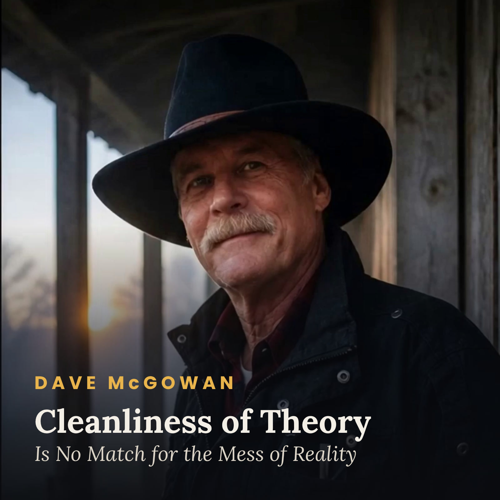 Album cover: Dave McGowan in his black hat on a farmhouse porch at sunrise